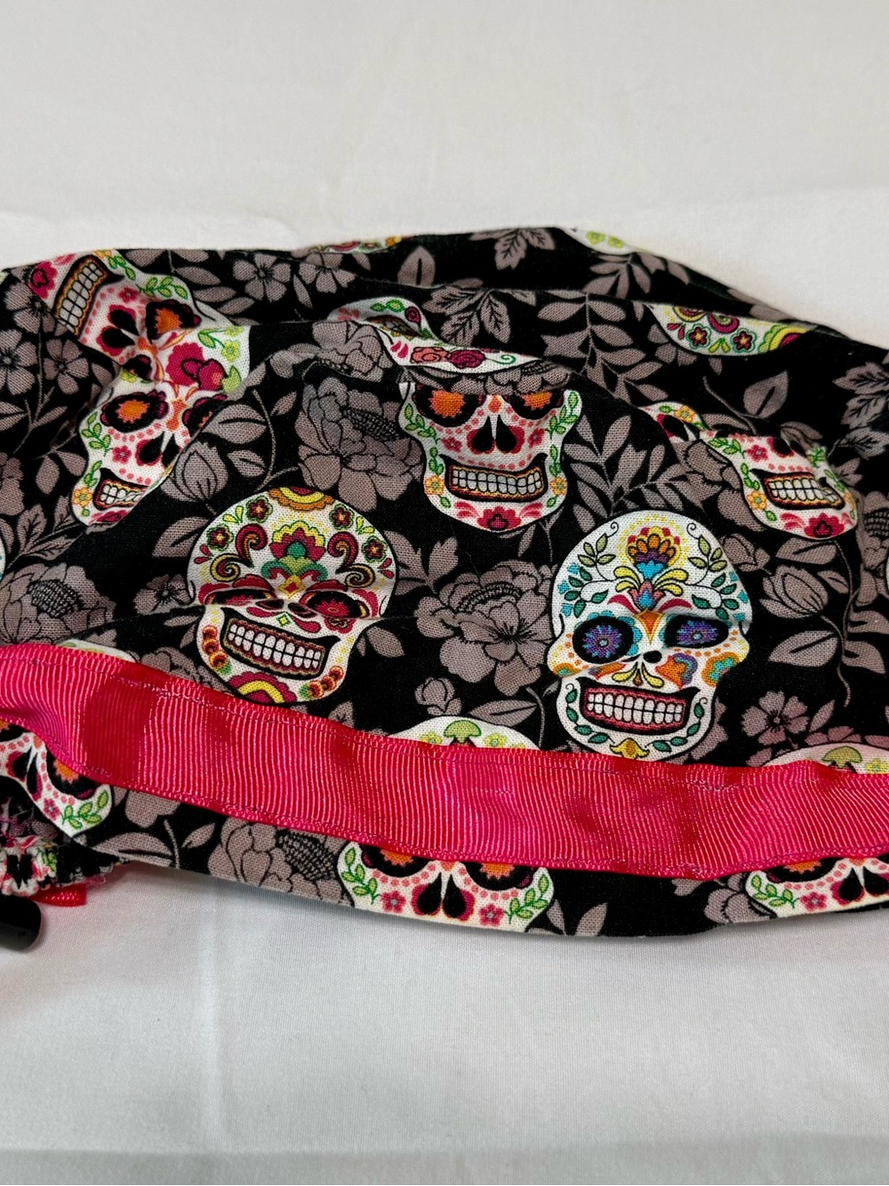 Colorful Sugar Skull Bouffant Scrub Cap with Hot Pink Trim